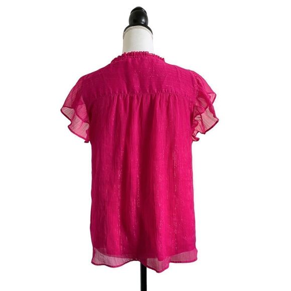 LC Lauren Conrad Hot Pink Metallic Sparkle Tie Front Flutter Top Ladies Medium - Picture 4 of 5